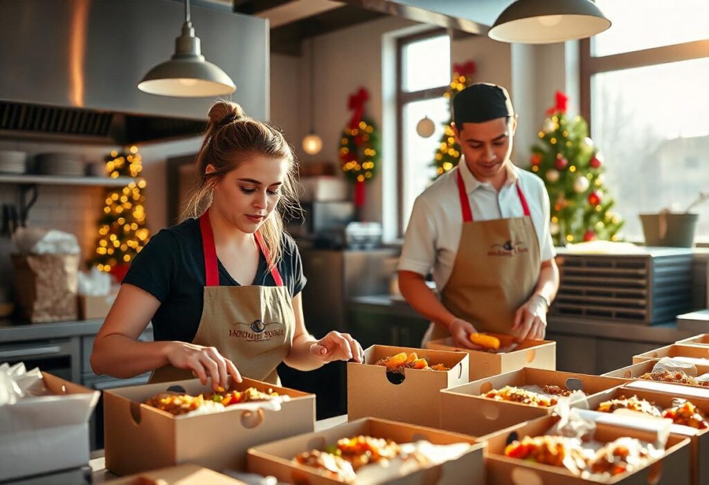 Restaurant staff and volunteers packing food donations for charity, illustrating community-driven food waste management during the holidays