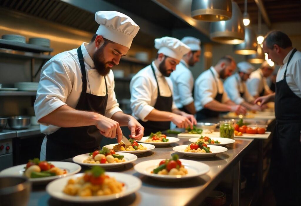 "Chefs preparing festive holiday dishes in a busy restaurant kitchen, showcasing effective food waste management strategies to reduce waste