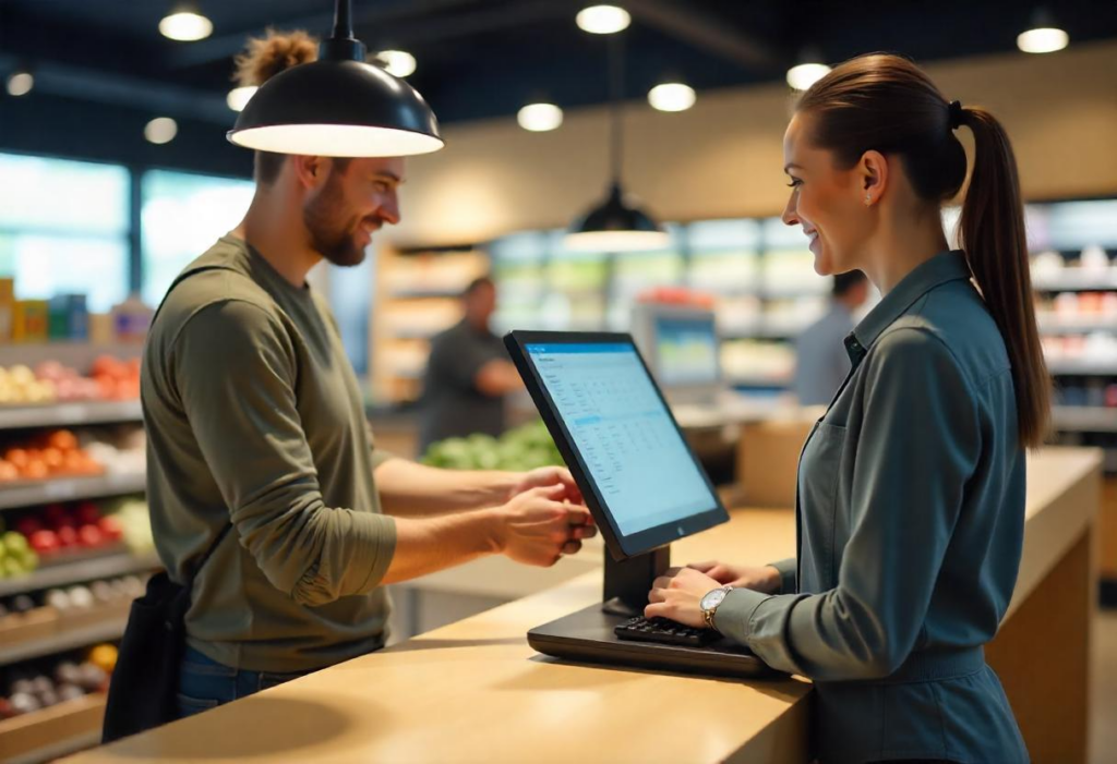 Grocery POS systems streamline checkout processes in a busy grocery store to boost revenue efficiently