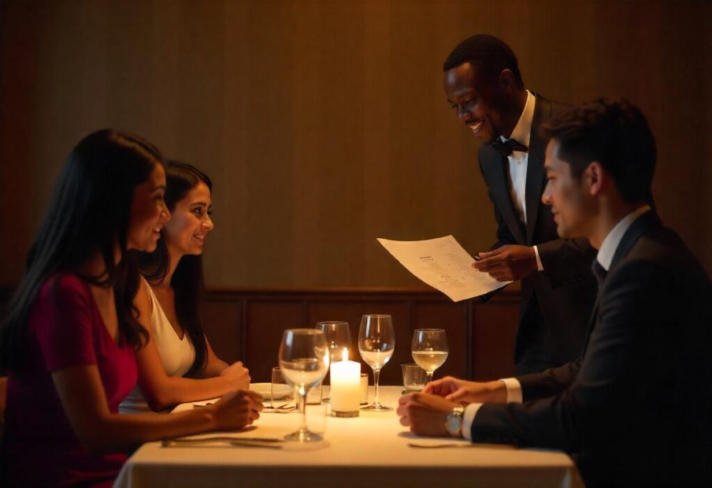 Server engaging warmly with guests, providing personalized service to elevate fine dining experiences. 