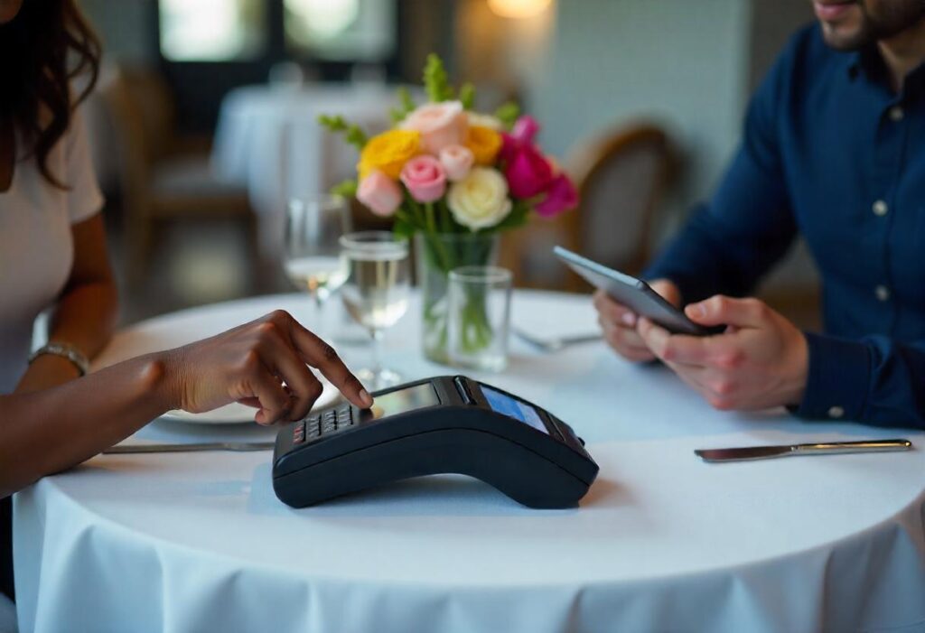 Guest making a contactless payment, ensuring secure and fast transactions for smooth fine dining experiences.