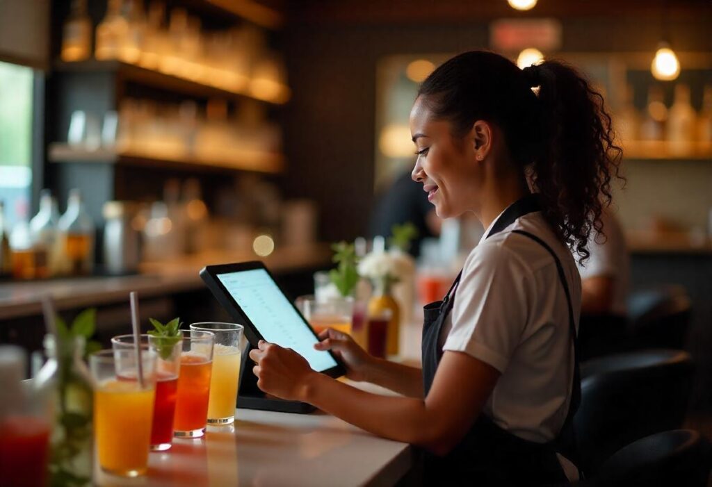 Bar management using a modern POS system, bartender quickly processing orders at a busy bar with a touchscreen interface