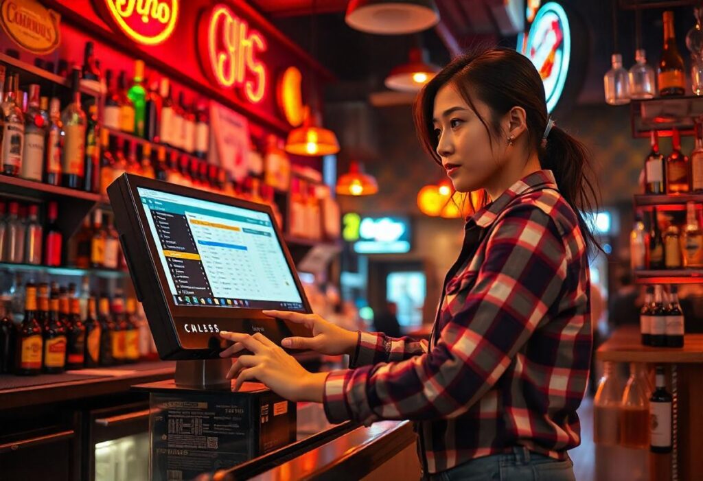 Bar management with inventory tracking on a POS system, bartender organizing stock with a real-time display of bottles and ingredients