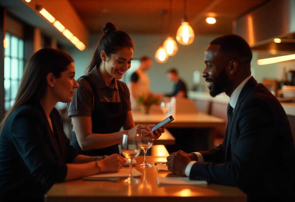 Server using a tablet to take orders, enhancing accuracy and speed for seamless fine dining experiences.