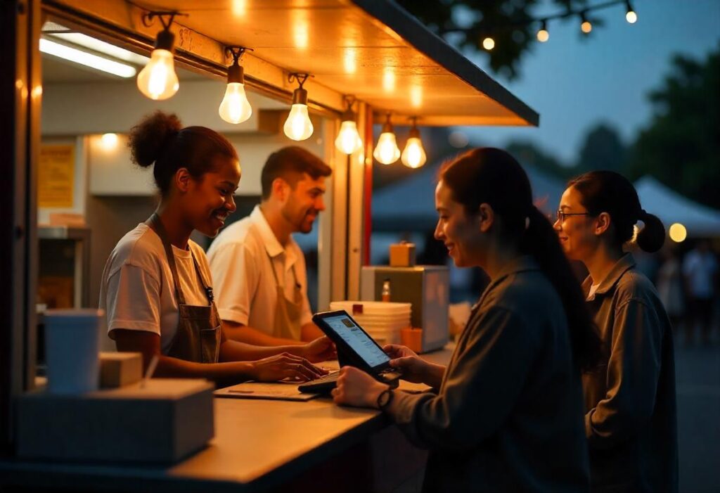 Fast food staff processing orders efficiently with sleek Fast Food POS Systems at the counter.