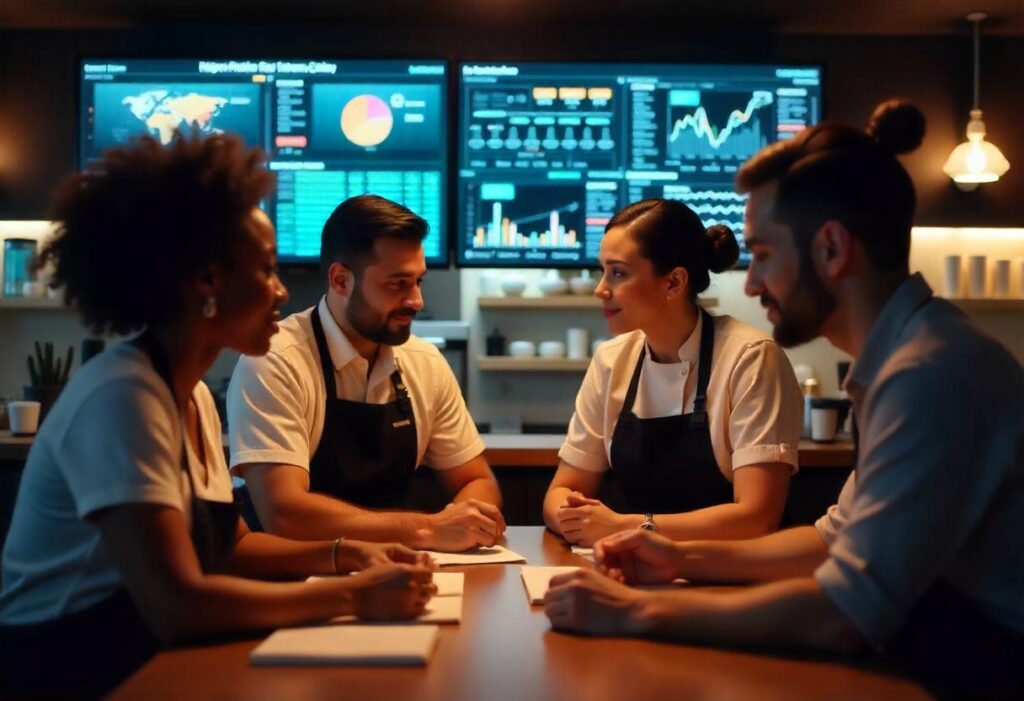  A group of restaurant employees in a staff meeting, using tablets and screens displaying multi-location restaurant operations and real-time sales data