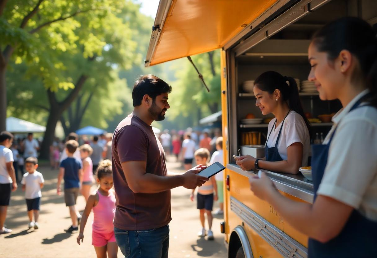 A food truck employee using the Food Truck POS System to create a customer loyalty program, with a rewards interface visible