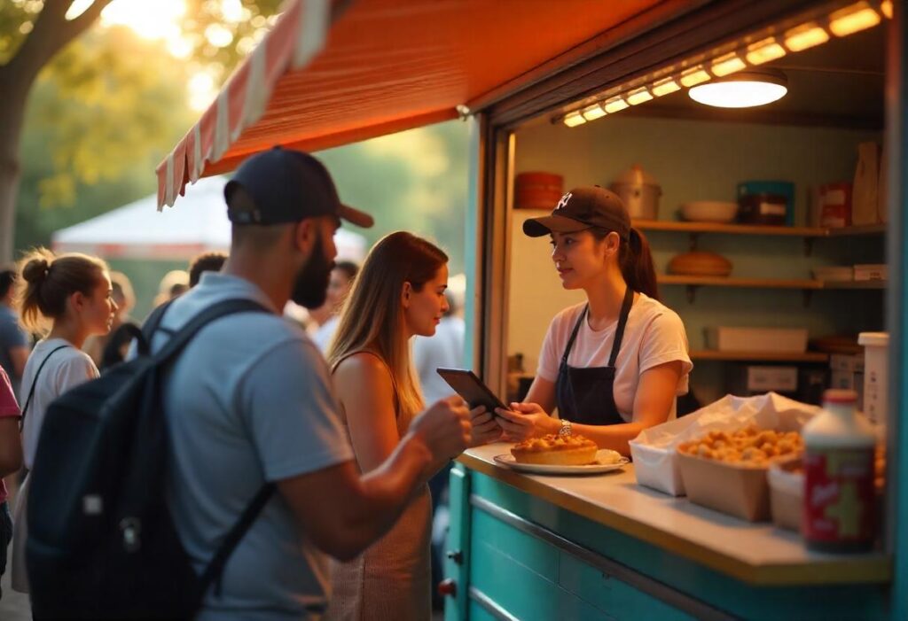 Food truck staff using a Food Truck POS System to process orders quickly