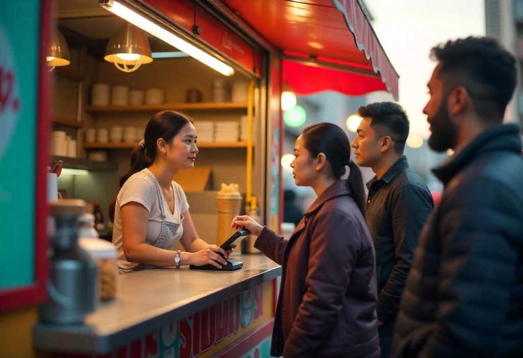 Food truck cashier accepting payments using a Food Truck POS System for quick transactions