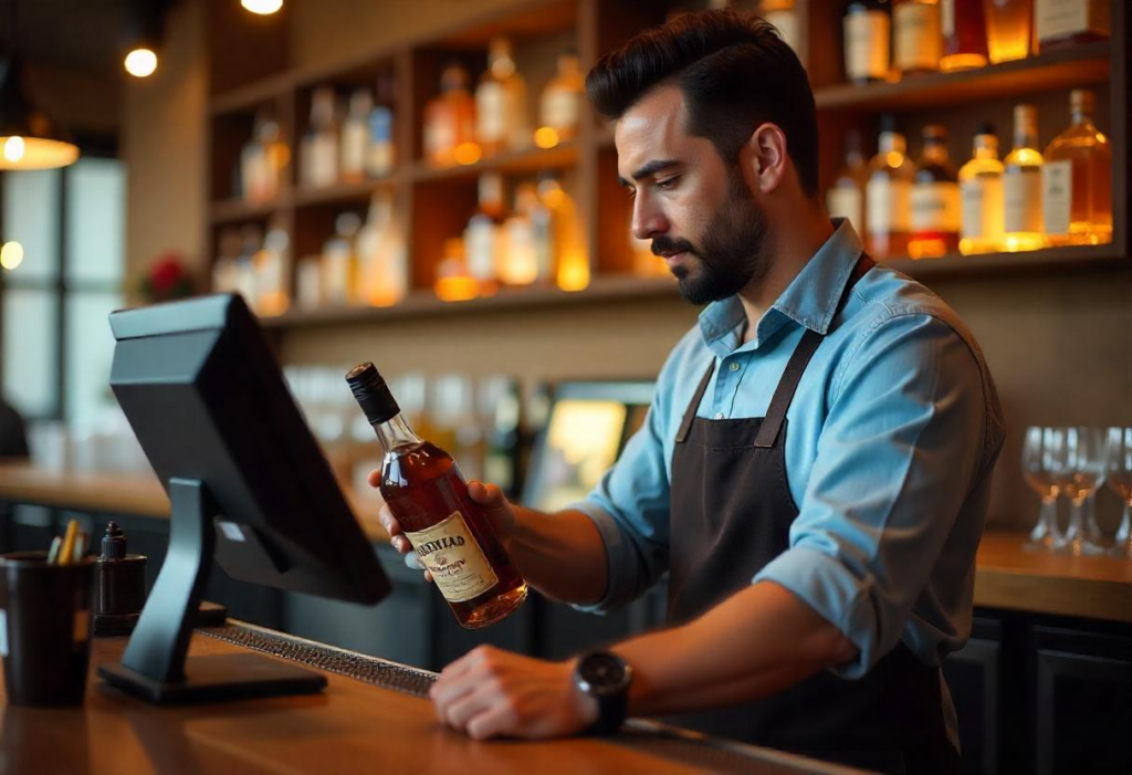 Bartender scans liquor into PAYS POS, showcasing streamlined Bar inventory management for modern bar operations.