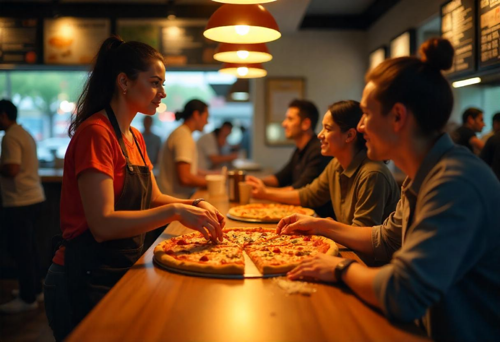 A bustling restaurant with a POS system on the counter and staff processing customer orders, improving inventory management.