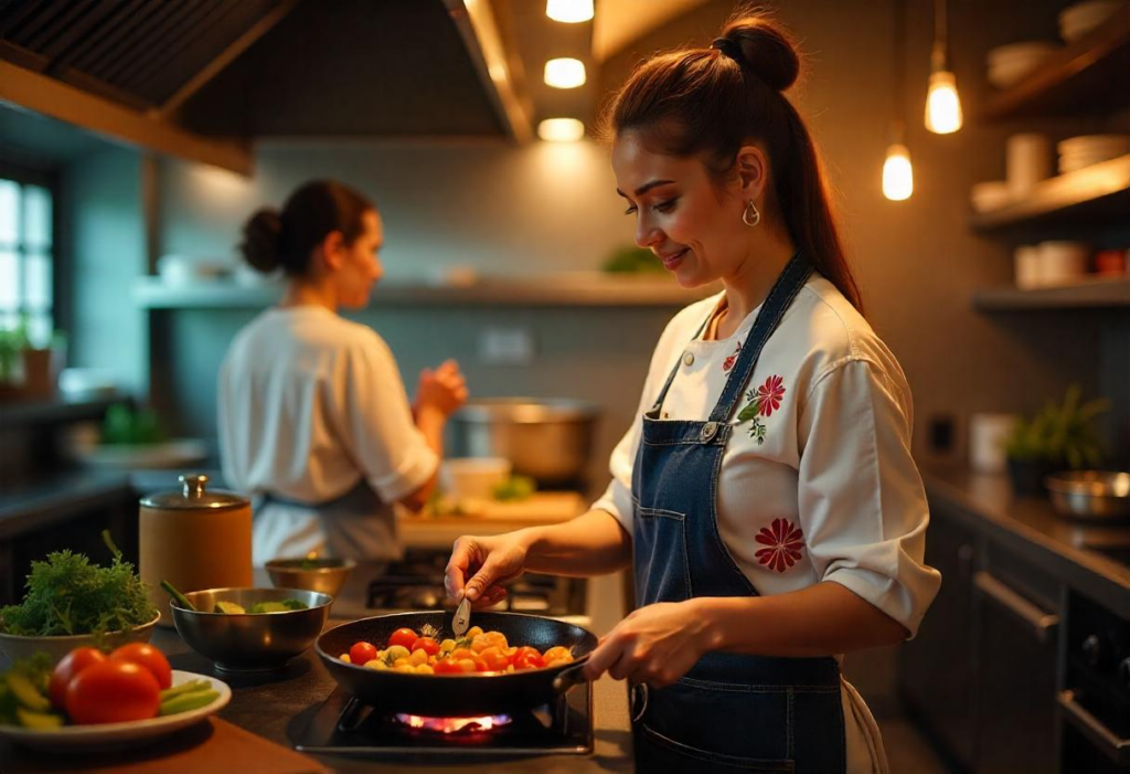 A chef using a KDS to view orders and efficiently manage kitchen operations, ensuring smooth inventory management.