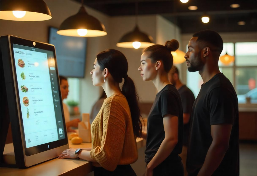 Customers ordering food through a self-service kiosk, enhancing efficiency and contributing to better inventory management