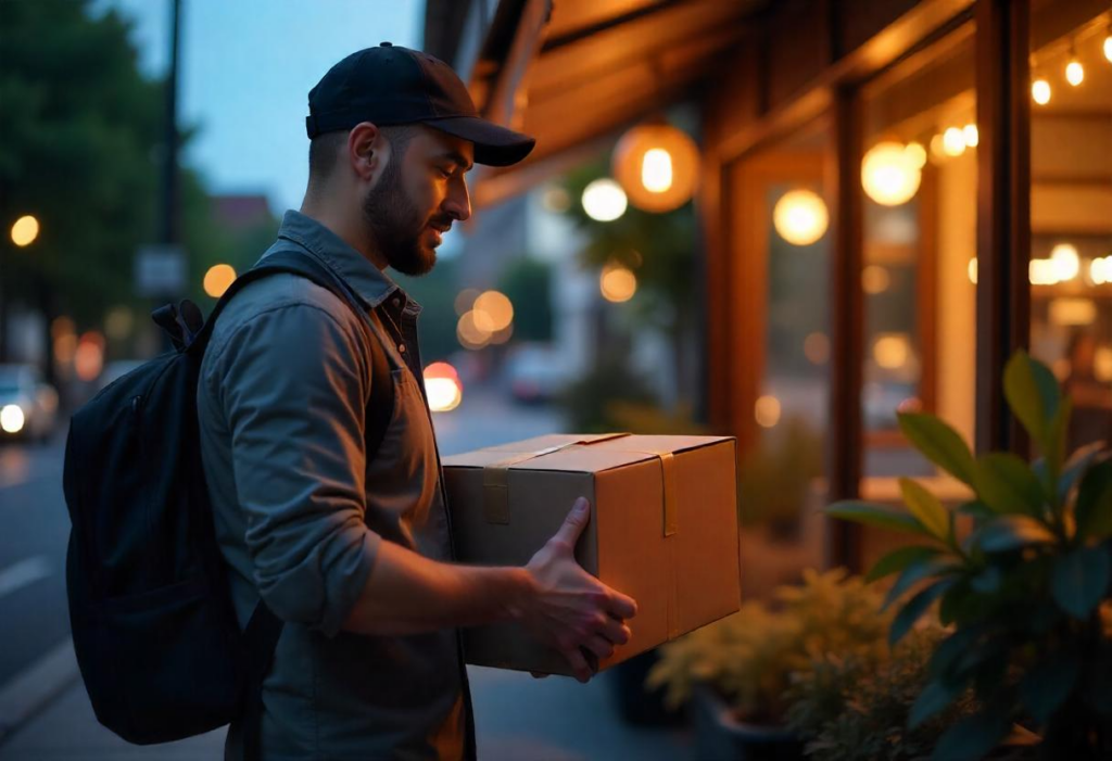 A delivery driver holding eco-friendly packaging with a branded logo, ready to deliver fresh food to restaurant customers.