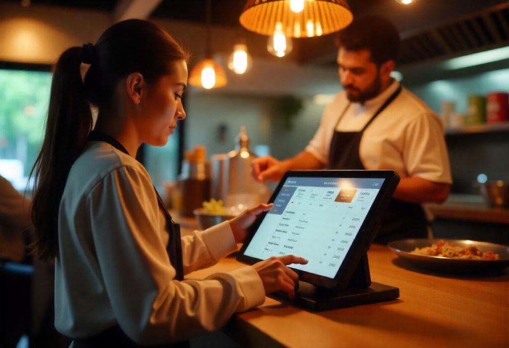 Modern POS System in action, displaying orders on a tablet at a restaurant for smooth service and efficient operations. 