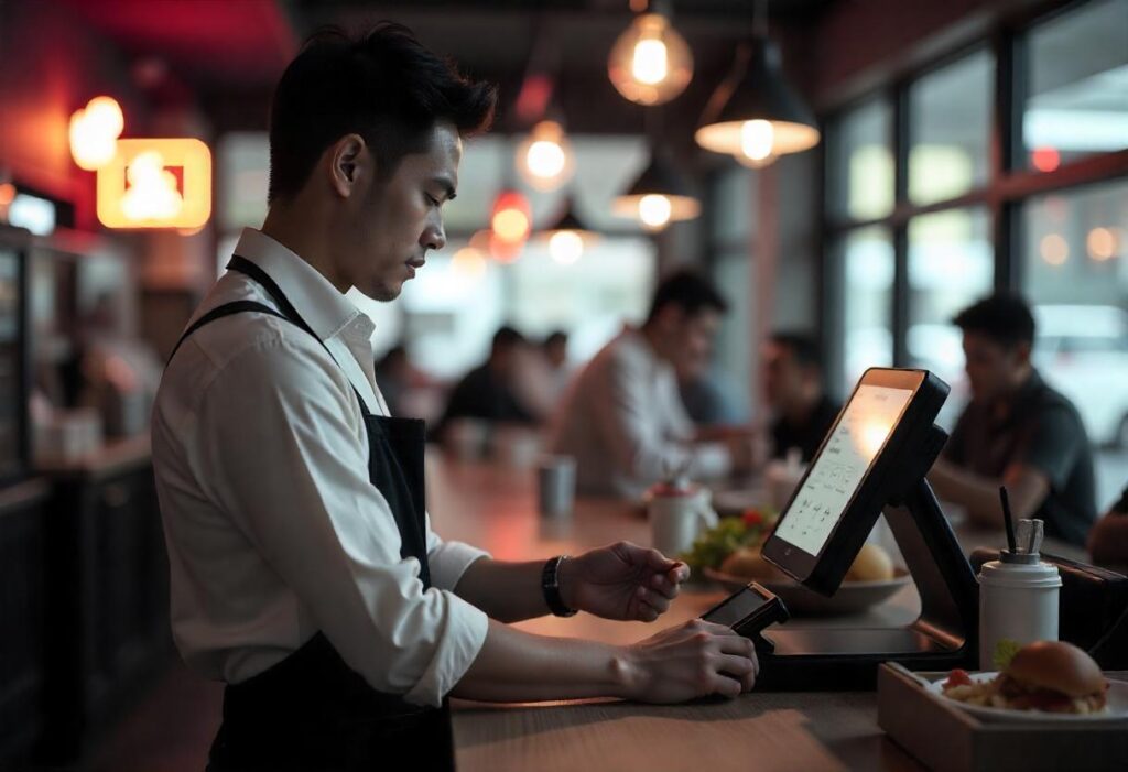 Efficient payment processing with a Modern POS System, offering contactless payment options for restaurant customers. 