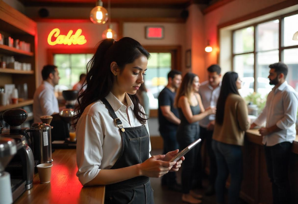 Barista managing inventory with Coffee Shop Inventory Software for efficient stock control.