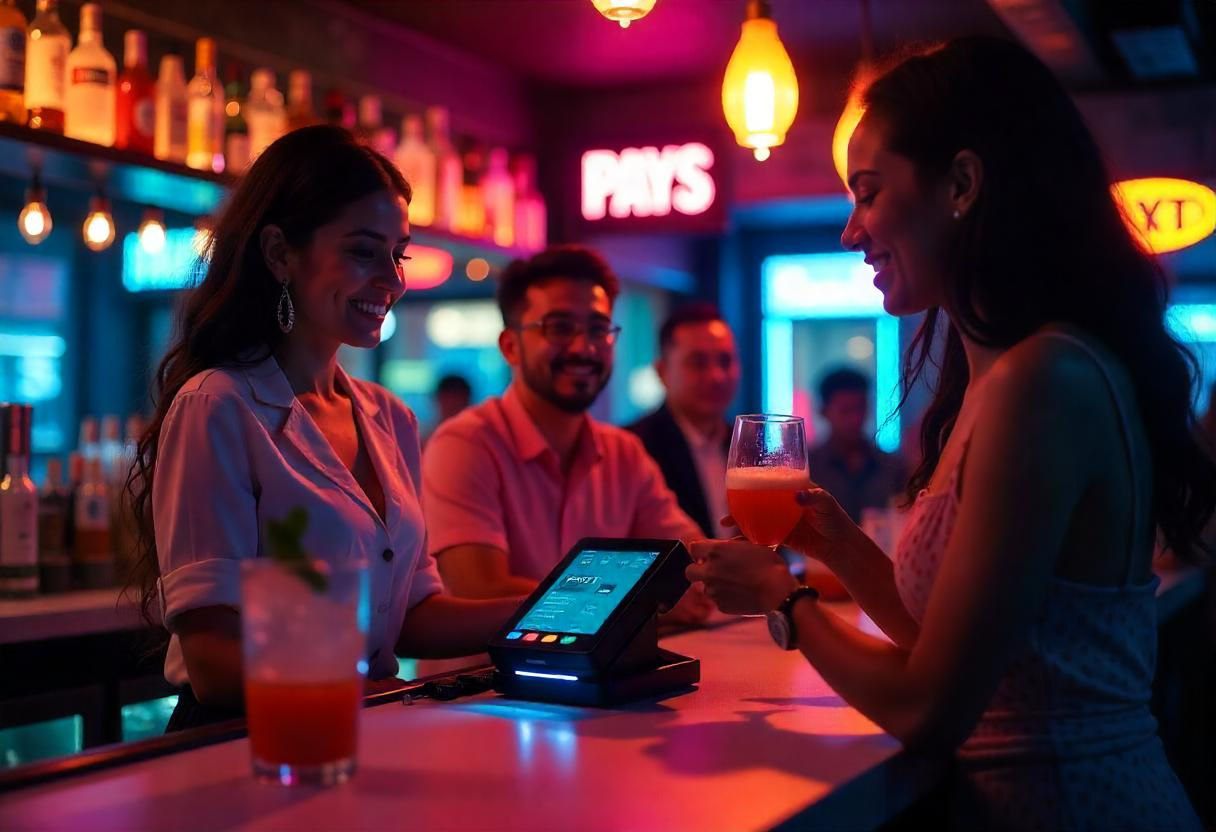 PAYS POS terminal enabling contactless payments and seamless bar operations during a busy service