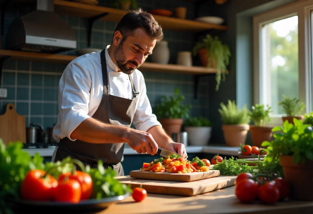 Chef preparing a vibrant seasonal dish in an open kitchen, using fresh, colorful ingredients for a unique menu item.