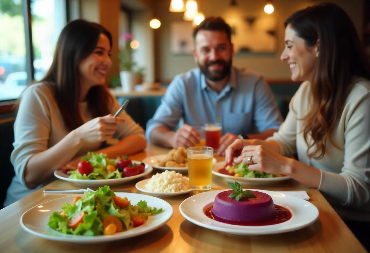 A vibrant restaurant table with colorful dishes, drinks, and happy diners enjoying their meals in a lively atmosphere