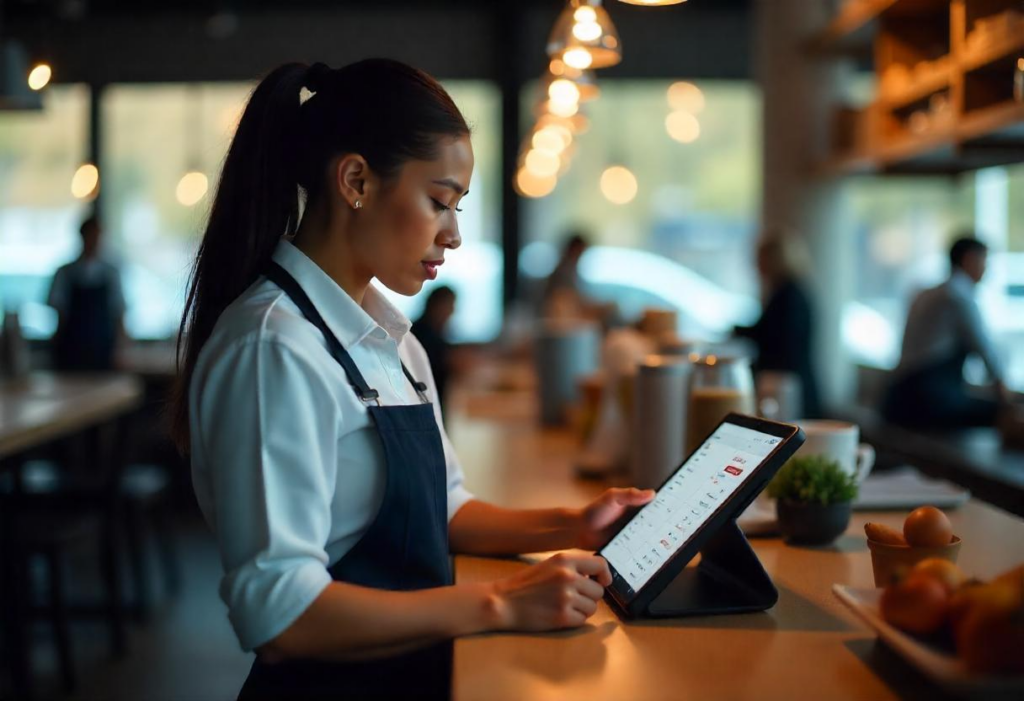  Manager utilizing PAYS POS to track sales metrics, demonstrating how technology can enhance ways to motivate employees through clear performance goals