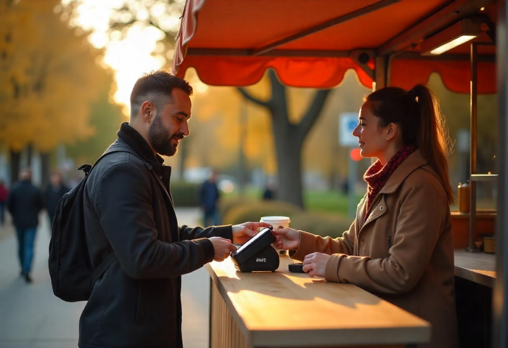 Food truck operator using contactless payment options with PAYS POS to simplify Food Truck Payments for customers