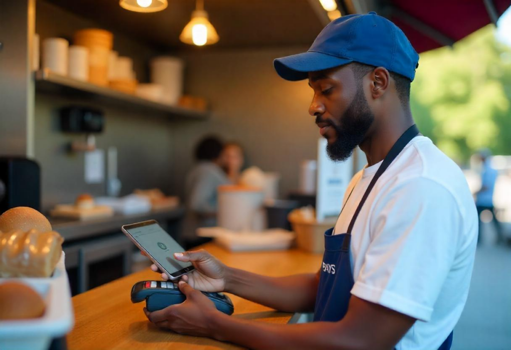 Close-up of mobile card reader connected to PAYS POS tablet streamlining Food Truck Payments during peak hours.