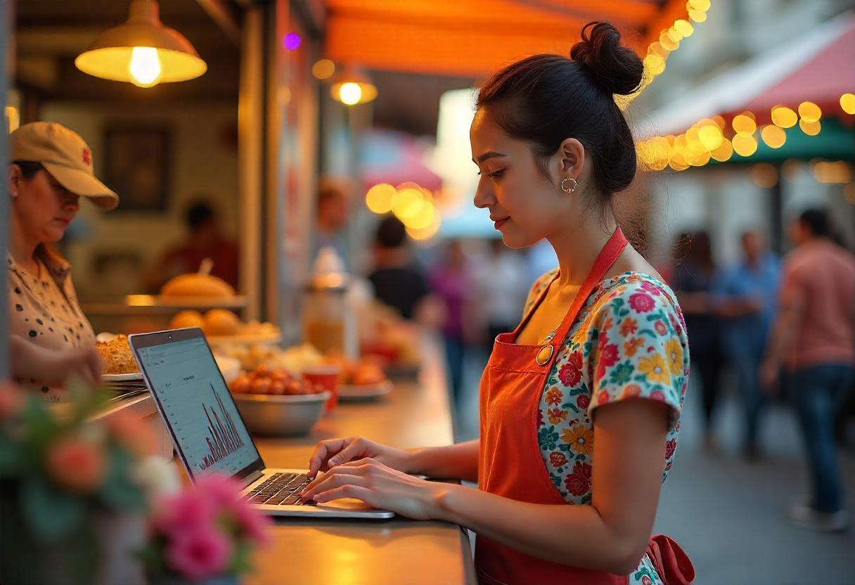 Food truck owner analyzing cloud-based reports on PAYS POS to optimize Food Truck Payments and boost sales