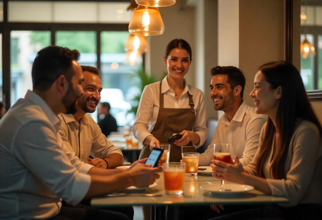 Restaurant server using a handheld POS systems to take accurate orders directly at the table, enhancing customer service