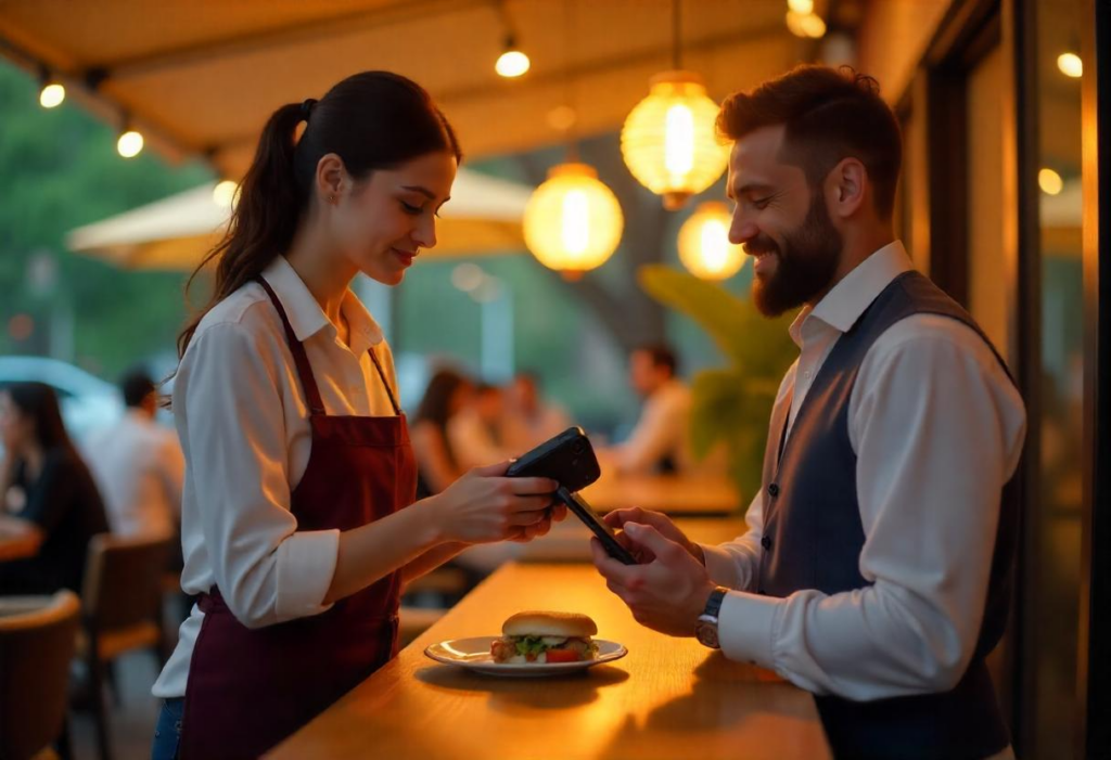 Contactless payment processed with a handheld POS device, offering customers fast and secure payment options at the table