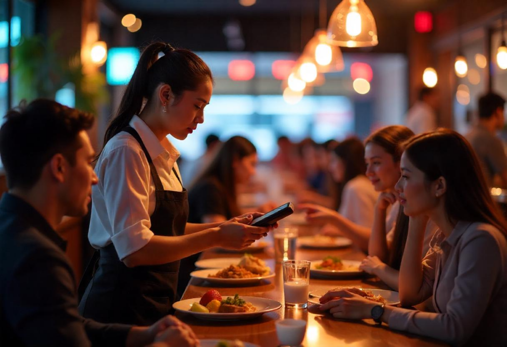 Restaurant servers using handheld POS systems to streamline operations and manage multiple tables efficiently during peak times