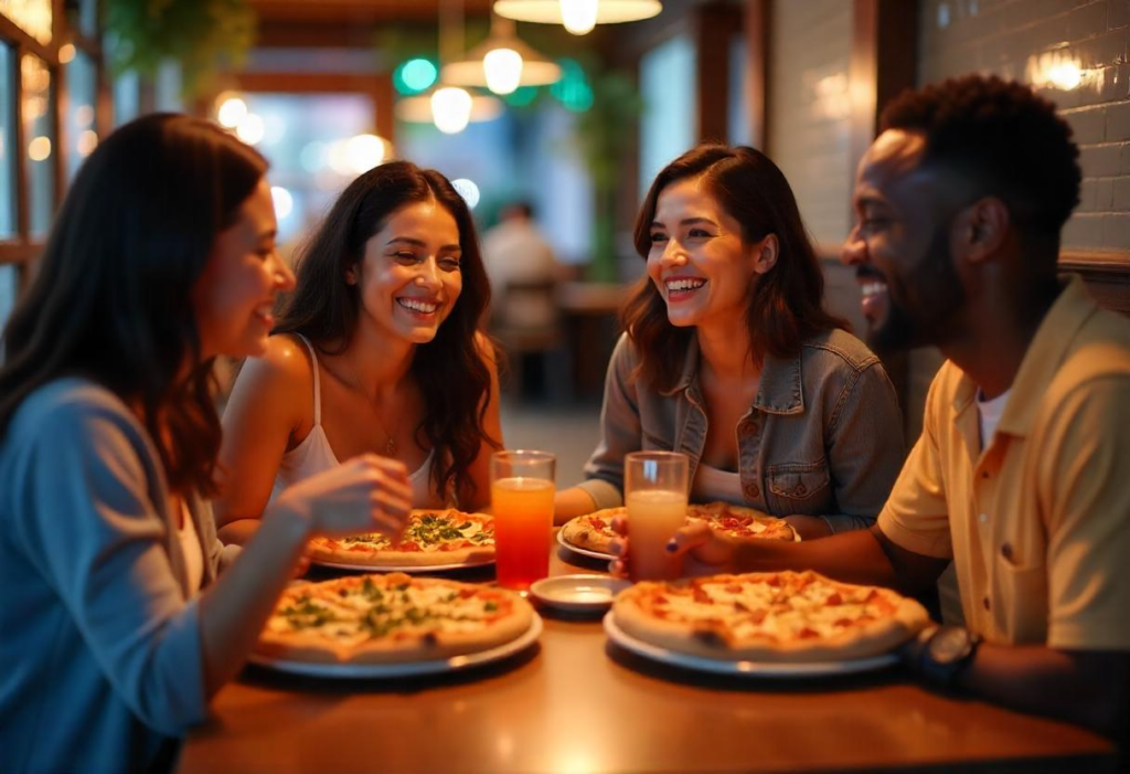 Friends enjoying a delicious meal together, made possible by convenient restaurant online ordering