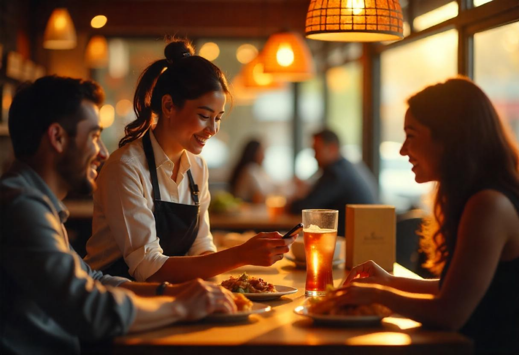 A restaurant server using a mobile device for faster, personalized order-taking, enhancing customer satisfaction