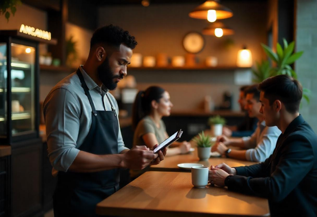 Barista using Coffee Shop Software on a tablet for fast and accurate order processing in a busy café environment.