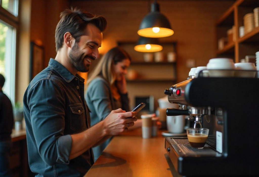 Customer using Coffee Shop Software for quick QR code payment at a modern coffee shop counter.