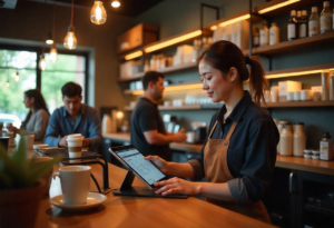 Coffee shop owner analyzing detailed analytics reports provided by Coffee Shop Software to grow their business