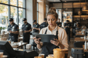 Restaurant manager reviewing tablet while multiple delivery drivers wait in the background