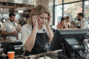 Frustrated restaurant employee struggling with outdated POS system at busy counter