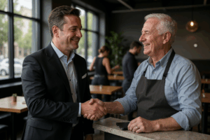 Business professional and restaurant owner shaking hands after successful POS partnership