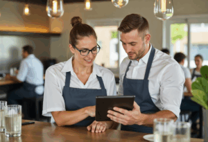 Restaurant staff using tablet for training or reviewing POS data at front counter