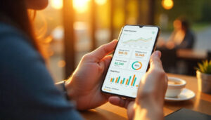 A woman holding a mobile phone is sitting in a café watching the analytics of the content
