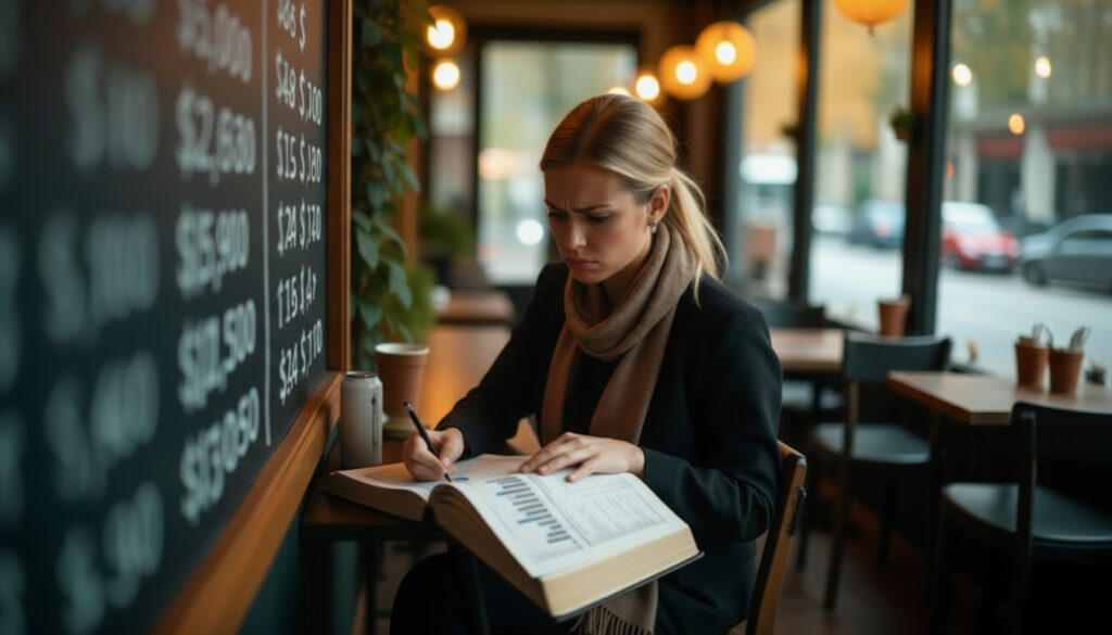 A girl is writing in a book of analysis, sitting in a restaurant