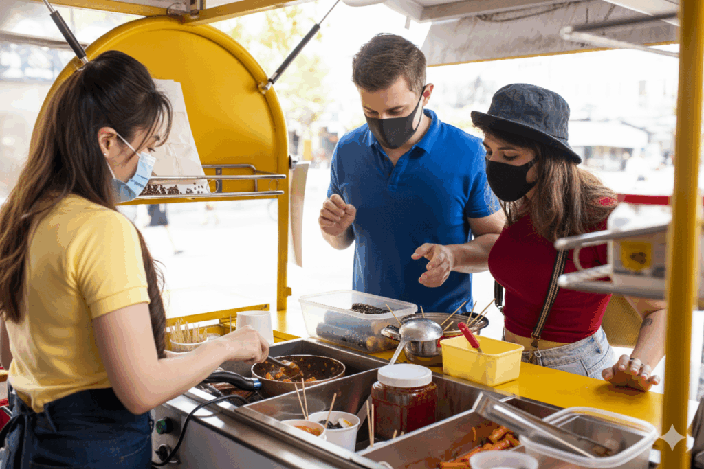 Restaurant owner using a PAYS POS device while serving customers during a busy lunch rush