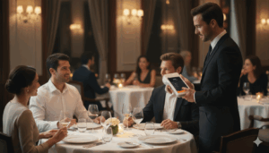 Elegant fine dining restaurant in the USA with a waiter serving guests under warm lighting, symbolizing the economics of fine dining
