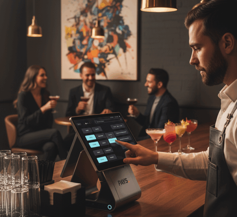 A bartender taking orders through PAYS pos device
