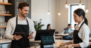 Two servers are smiling while preparing the order taken with PAYS POS
