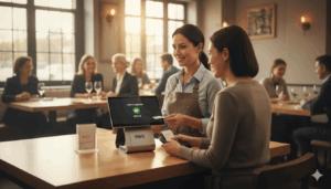 Modern U.S. restaurant using PAYS POS system with a smiling owner and a customer at the counter