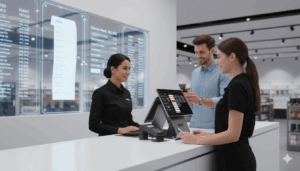 Retail cashier using a modern PAYS POS system to process a customer’s cashless payment at a bright, tech-driven checkout counter.