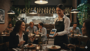 A modern restaurant scene with a waiter using a handheld AI PAYS POS device and a customer paying via contactless payment, showing a lively, contemporary interior
