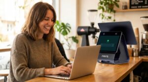 a manager smiling while checking her business analytics with pays pos
